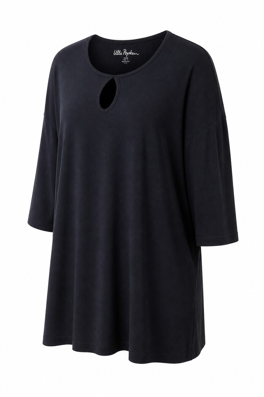Ulla Popken Tunic Top Womens 28/30 Black Keyhole Minimalist 100% Cotton Pockets